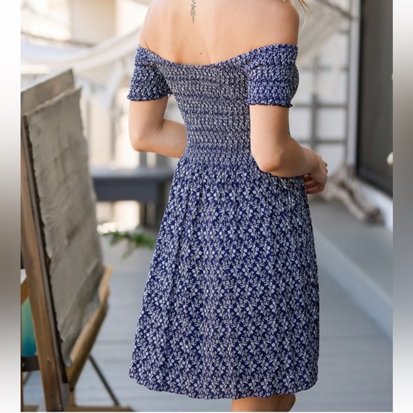 Lulus In The Rhythm Navy Blue Floral Print Off-The-Shoulder Mini Dress - Picture 4 of 11
